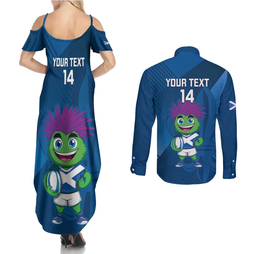 Custom Scotland Rugby 2025 Couples Matching Summer Maxi Dress and Long Sleeve Button Shirt Funny Thistle Mascot Go Scottish!