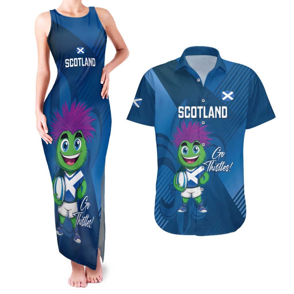 Custom Scotland Rugby 2025 Couples Matching Tank Maxi Dress and Hawaiian Shirt Funny Thistle Mascot Go Scottish!