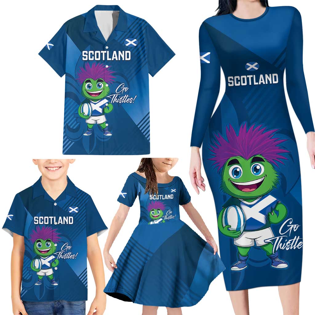 Custom Scotland Rugby 2025 Family Matching Long Sleeve Bodycon Dress and Hawaiian Shirt Funny Thistle Mascot Go Scottish!