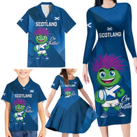 Custom Scotland Rugby 2025 Family Matching Long Sleeve Bodycon Dress and Hawaiian Shirt Funny Thistle Mascot Go Scottish!