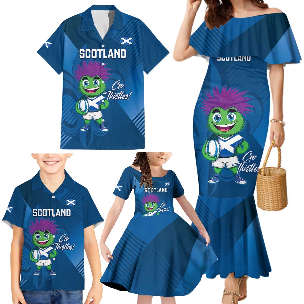 Custom Scotland Rugby 2025 Family Matching Mermaid Dress and Hawaiian Shirt Funny Thistle Mascot Go Scottish!