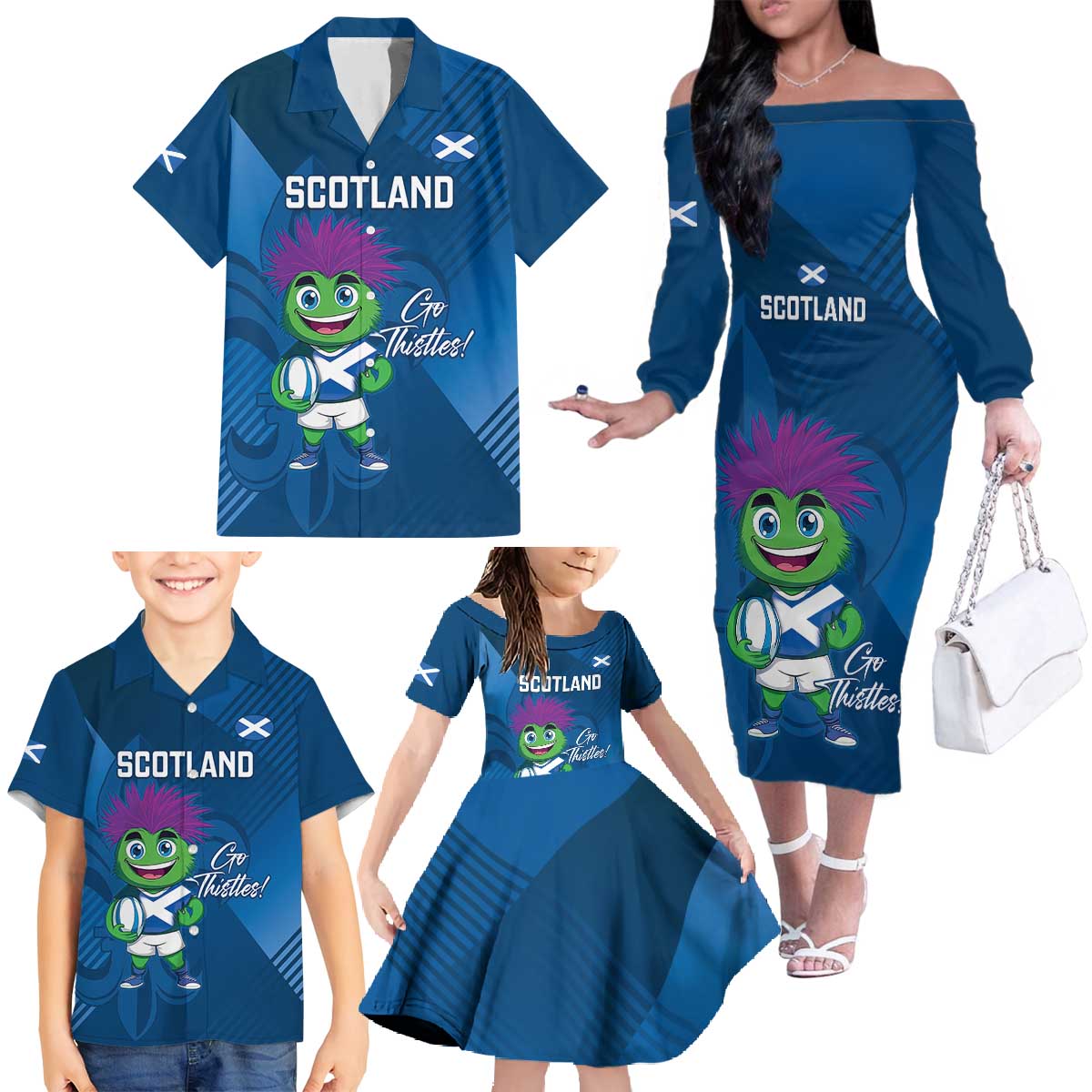 Custom Scotland Rugby 2025 Family Matching Off The Shoulder Long Sleeve Dress and Hawaiian Shirt Funny Thistle Mascot Go Scottish!