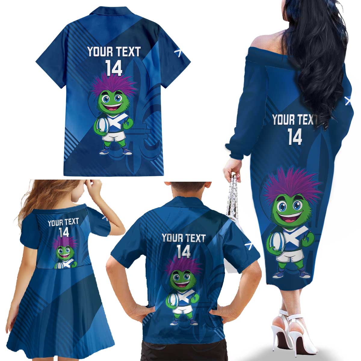Custom Scotland Rugby 2025 Family Matching Off The Shoulder Long Sleeve Dress and Hawaiian Shirt Funny Thistle Mascot Go Scottish!