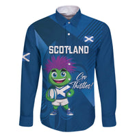 Custom Scotland Rugby 2025 Family Matching Off The Shoulder Long Sleeve Dress and Hawaiian Shirt Funny Thistle Mascot Go Scottish!