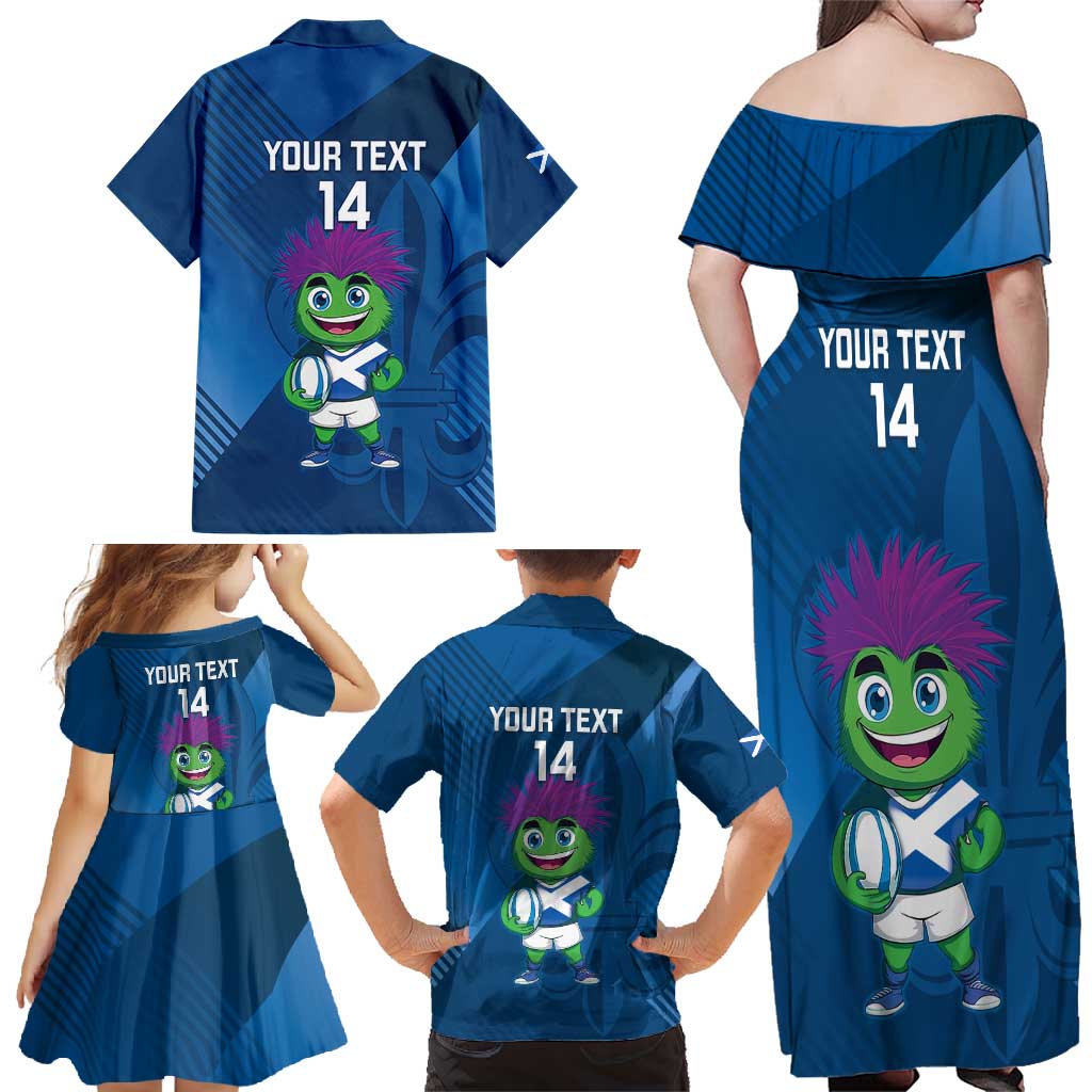 Custom Scotland Rugby 2025 Family Matching Off Shoulder Maxi Dress and Hawaiian Shirt Funny Thistle Mascot Go Scottish!