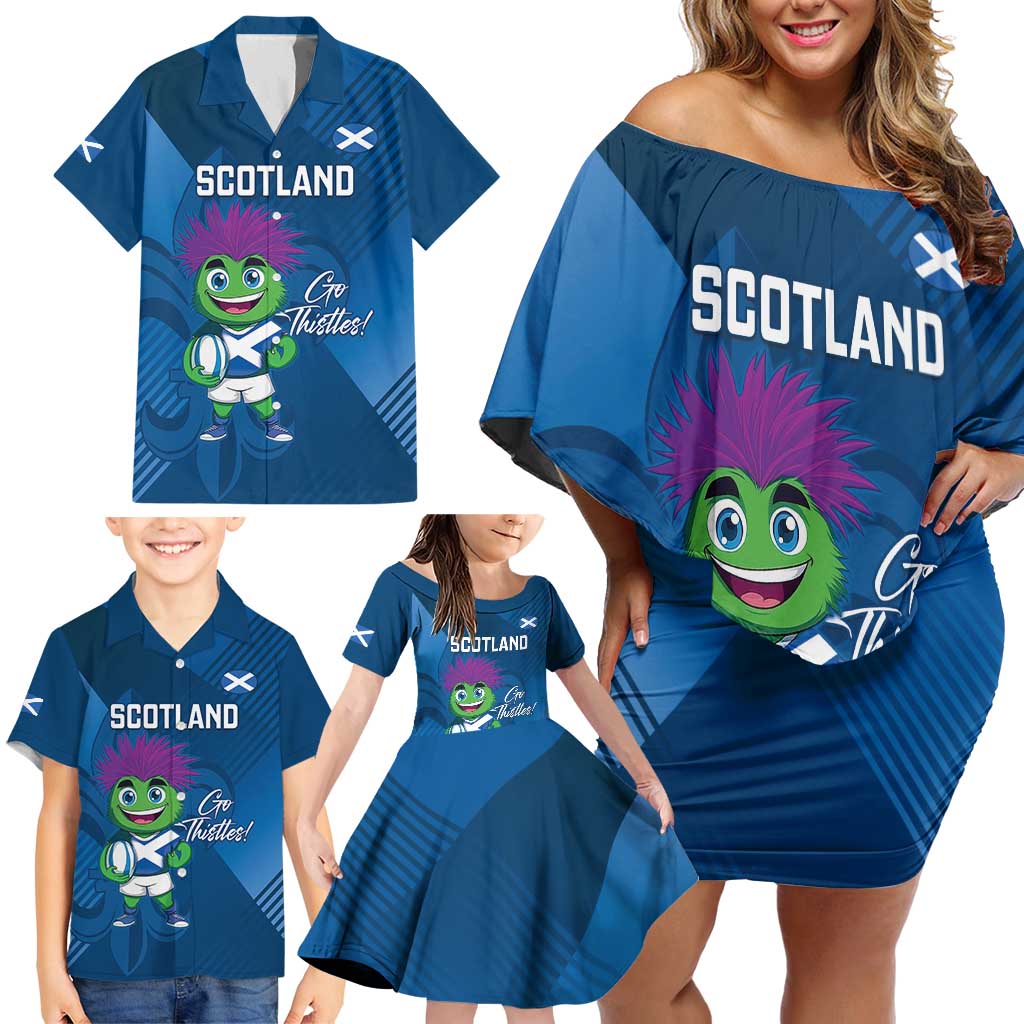 Custom Scotland Rugby 2025 Family Matching Off Shoulder Short Dress and Hawaiian Shirt Funny Thistle Mascot Go Scottish!