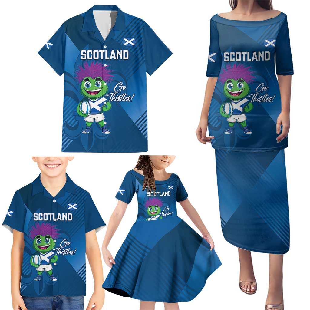 Custom Scotland Rugby 2025 Family Matching Puletasi and Hawaiian Shirt Funny Thistle Mascot Go Scottish!