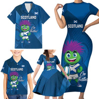 Custom Scotland Rugby 2025 Family Matching Short Sleeve Bodycon Dress and Hawaiian Shirt Funny Thistle Mascot Go Scottish!
