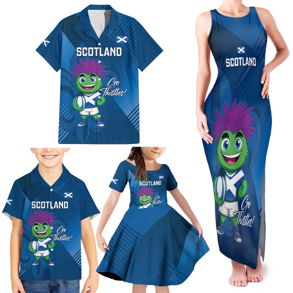 Custom Scotland Rugby 2025 Family Matching Tank Maxi Dress and Hawaiian Shirt Funny Thistle Mascot Go Scottish!