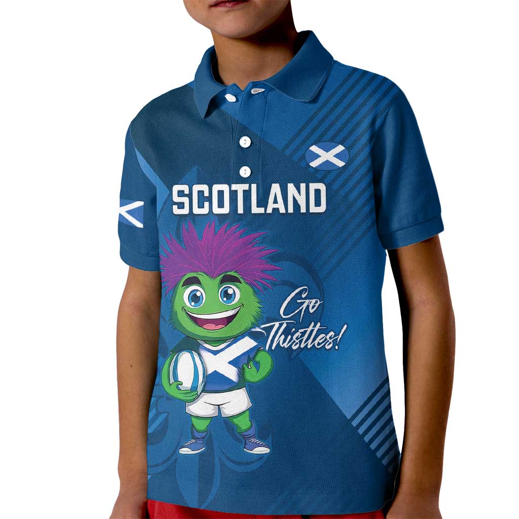 Custom Scotland Rugby 2025 Kid Polo Shirt Funny Thistle Mascot Go Scottish!