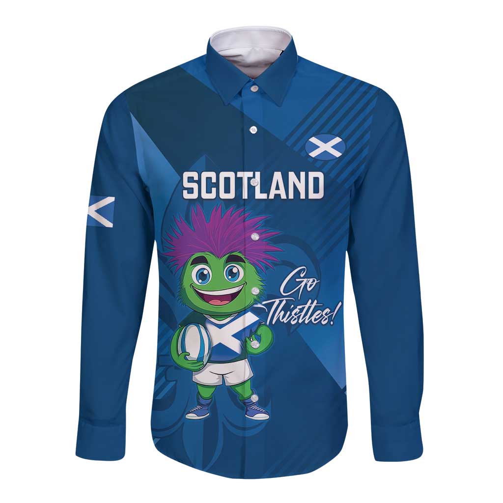 Custom Scotland Rugby 2025 Long Sleeve Button Shirt Funny Thistle Mascot Go Scottish!