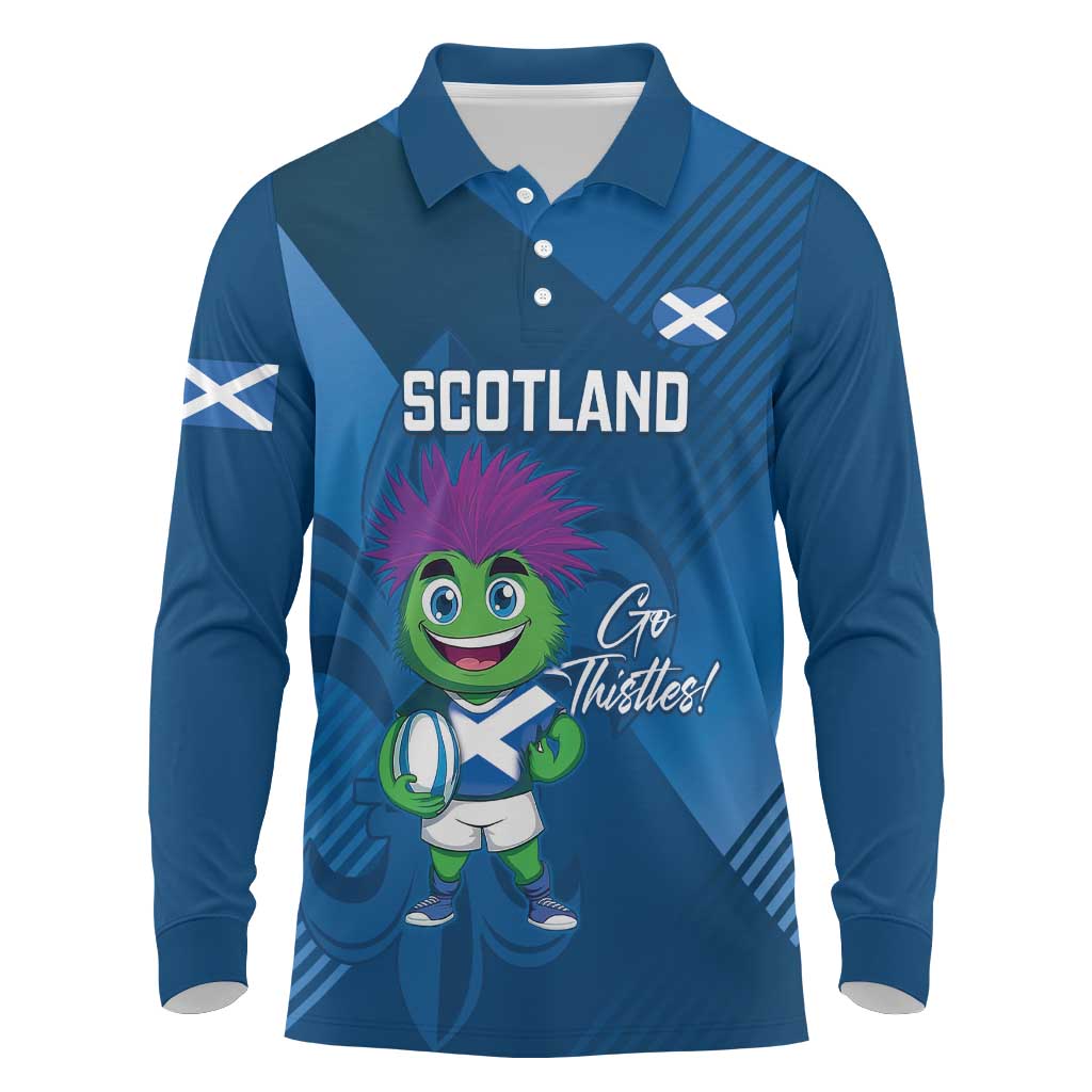 Custom Scotland Rugby 2025 Long Sleeve Polo Shirt Funny Thistle Mascot Go Scottish!