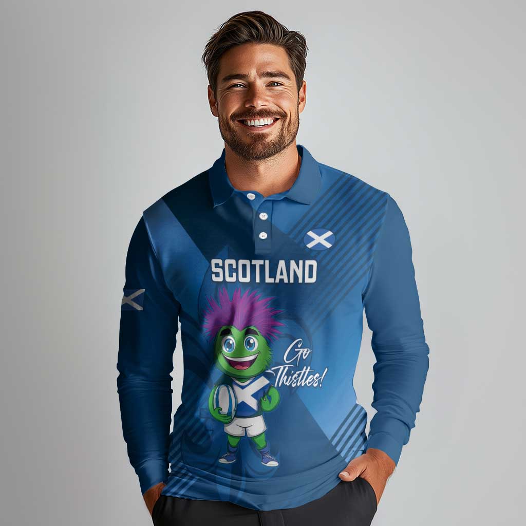 Custom Scotland Rugby 2025 Long Sleeve Polo Shirt Funny Thistle Mascot Go Scottish!