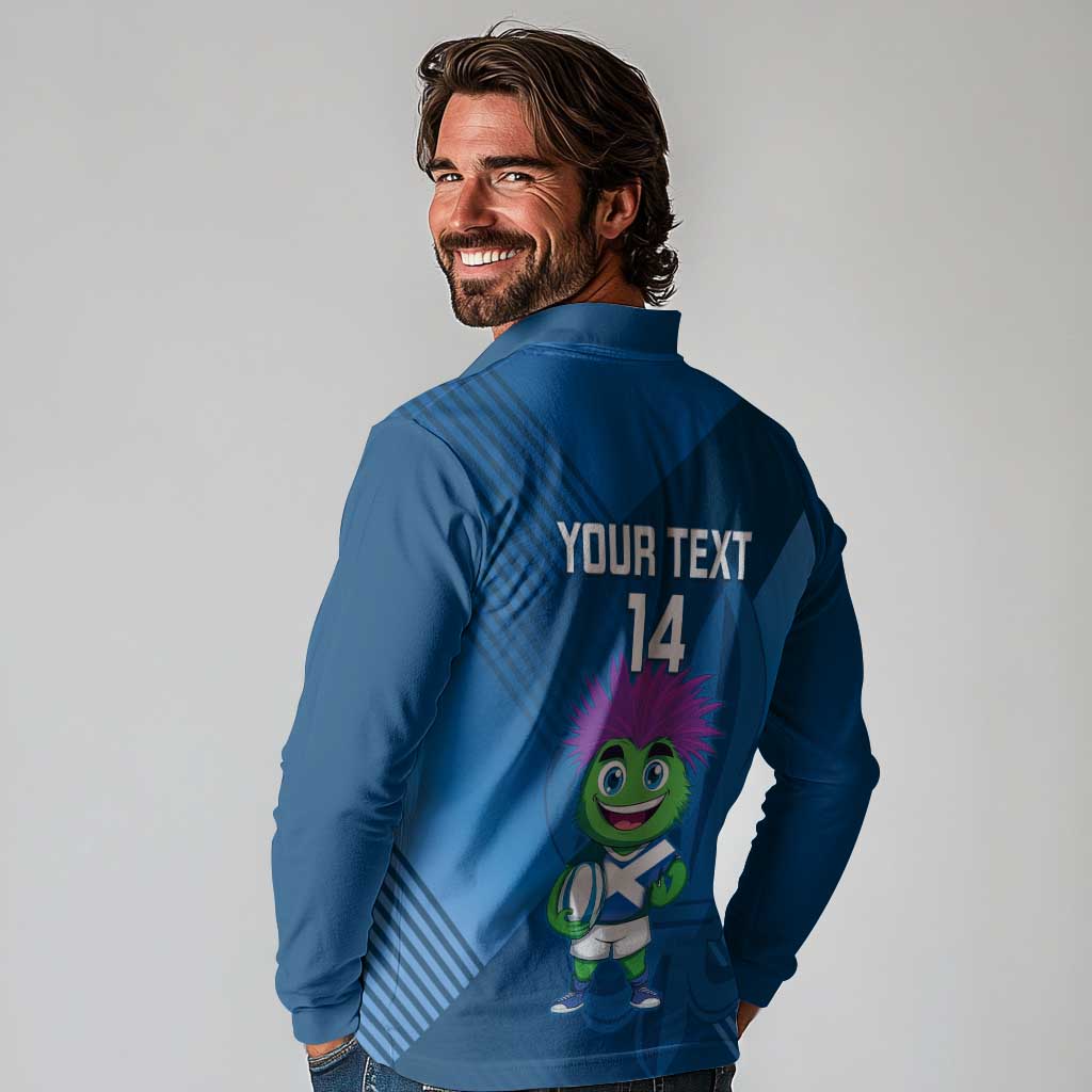Custom Scotland Rugby 2025 Long Sleeve Polo Shirt Funny Thistle Mascot Go Scottish!