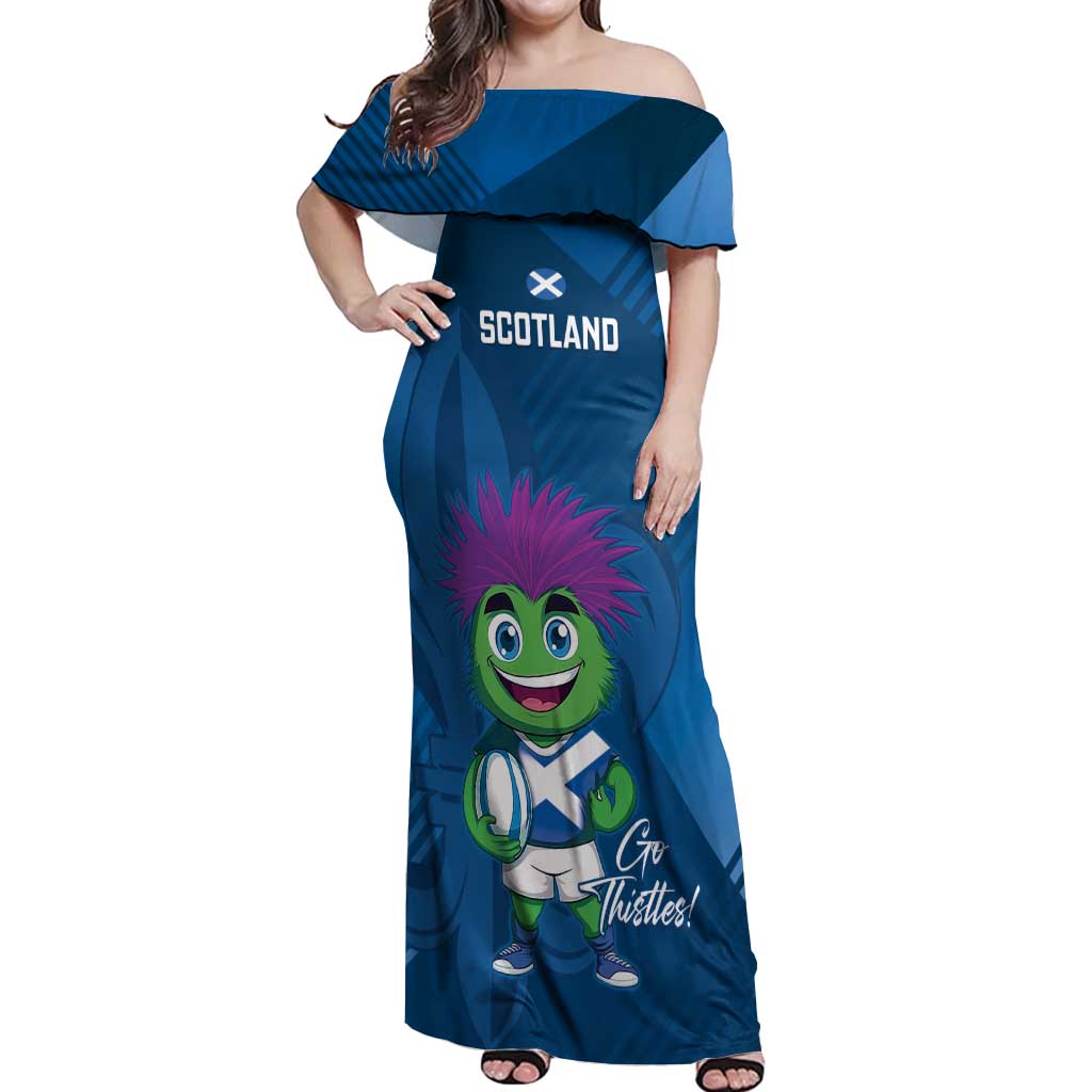 Custom Scotland Rugby 2025 Off Shoulder Maxi Dress Funny Thistle Mascot Go Scottish!