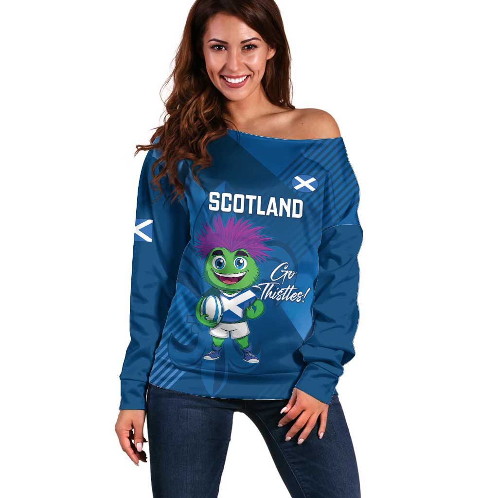 Custom Scotland Rugby 2025 Off Shoulder Sweater Funny Thistle Mascot Go Scottish!