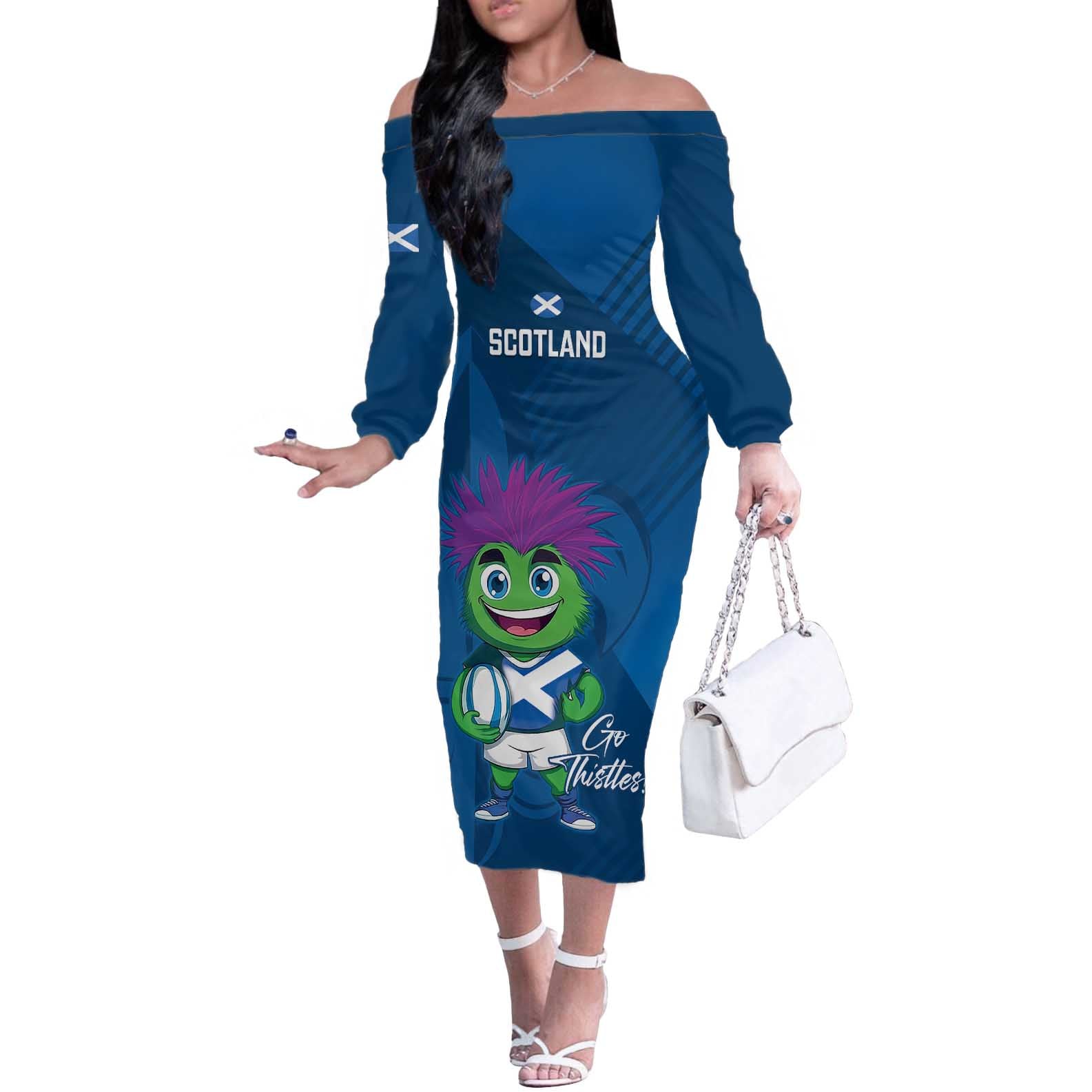 Custom Scotland Rugby 2025 Off The Shoulder Long Sleeve Dress Funny Thistle Mascot Go Scottish!
