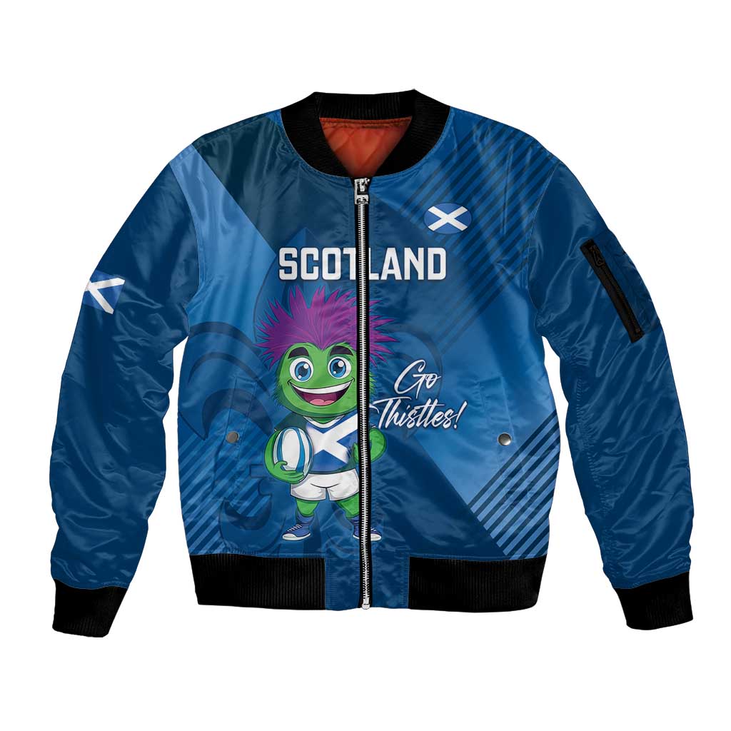 Custom Scotland Rugby 2025 Sleeve Zip Bomber Jacket Funny Thistle Mascot Go Scottish!