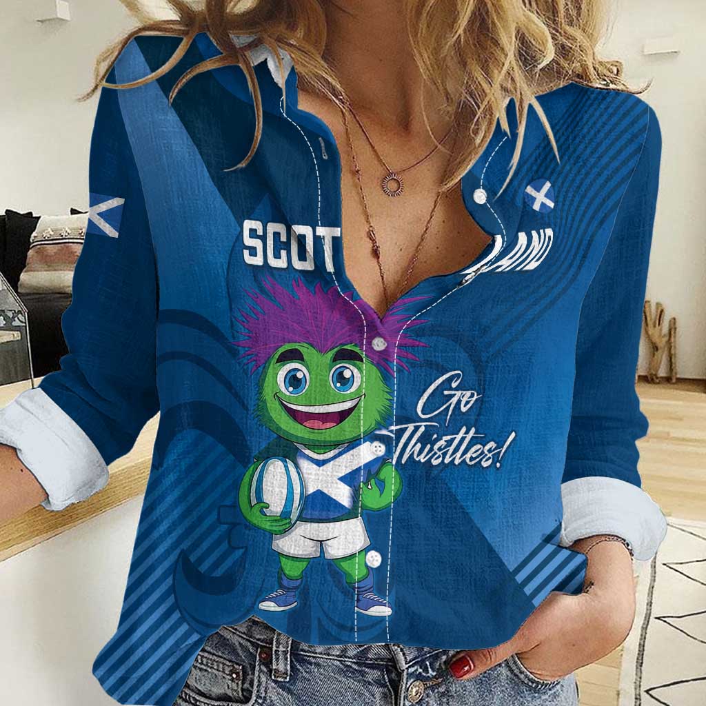 Custom Scotland Rugby 2025 Women Casual Shirt Funny Thistle Mascot Go Scottish!