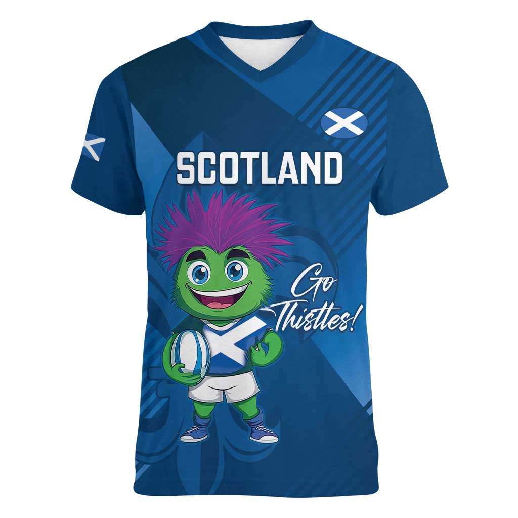 Custom Scotland Rugby 2025 Women V-Neck T-Shirt Funny Thistle Mascot Go Scottish!