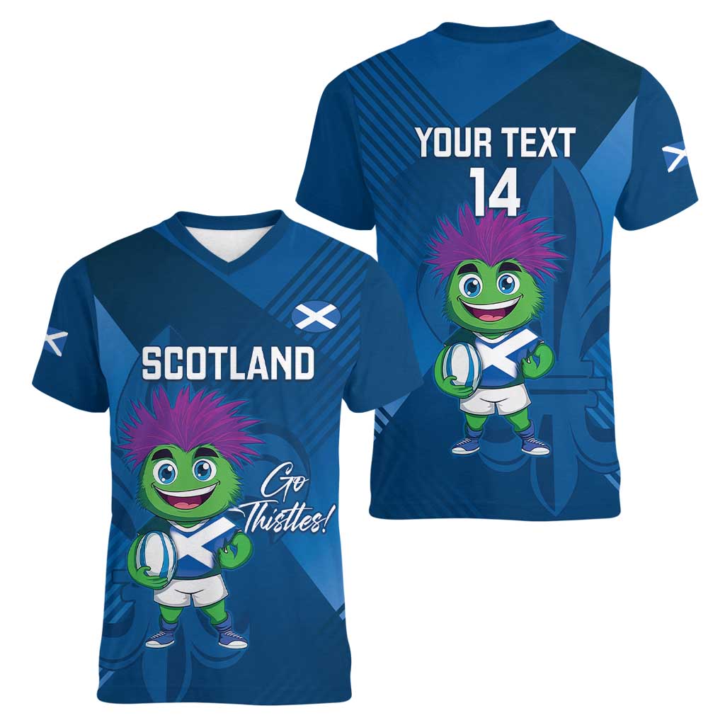 Custom Scotland Rugby 2025 Women V-Neck T-Shirt Funny Thistle Mascot Go Scottish!