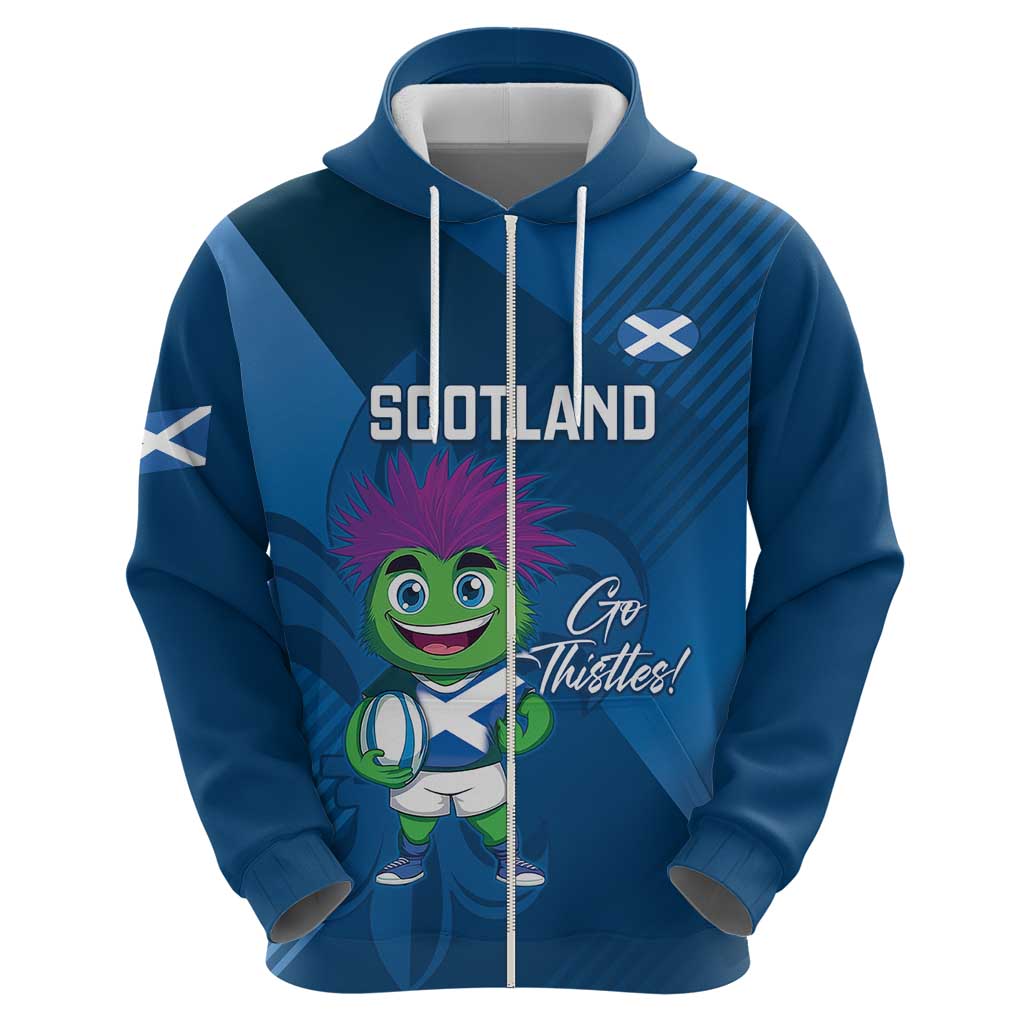 Custom Scotland Rugby 2025 Zip Hoodie Funny Thistle Mascot Go Scottish! - Wonder Print Shop