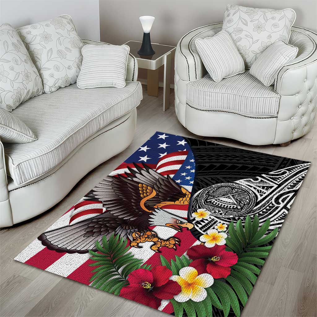 United States and American Samoa Area Rug USA Flag Eagle With Seal Tropical Flowers