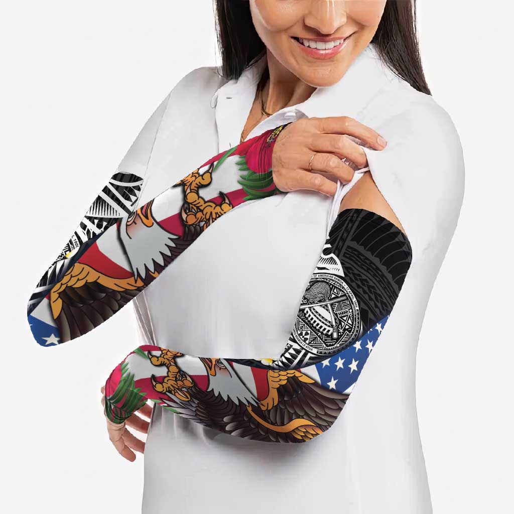 United States and American Samoa Arm Sleeves USA Flag Eagle With Seal Tropical Flowers