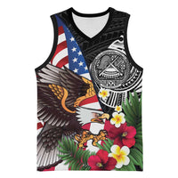 United States and American Samoa Basketball Jersey USA Flag Eagle With Seal Tropical Flowers