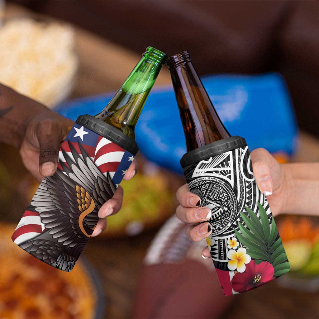 United States and American Samoa 4 in 1 Can Cooler Tumbler USA Flag Eagle With Seal Tropical Flowers