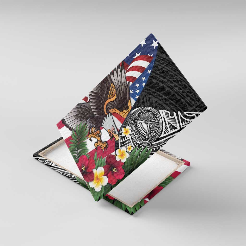 United States and American Samoa Canvas Wall Art USA Flag Eagle With Seal Tropical Flowers