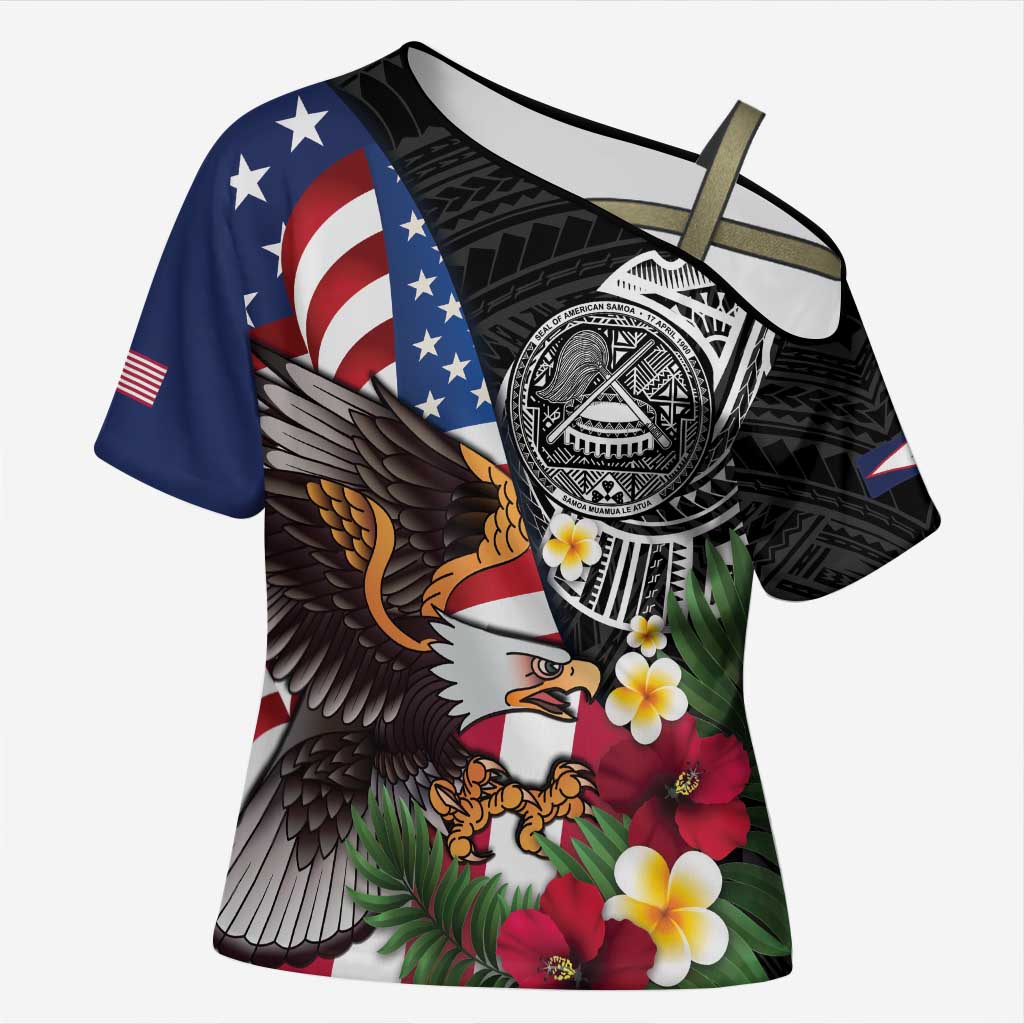 United States and American Samoa Cross Shoulder Shirt USA Flag Eagle With Seal Tropical Flowers