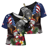 United States and American Samoa Cross Shoulder Shirt USA Flag Eagle With Seal Tropical Flowers