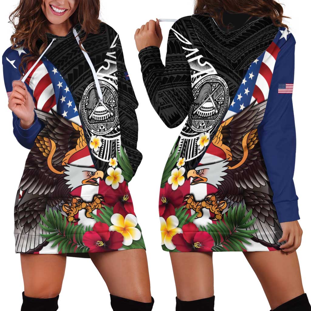 United States and American Samoa Hoodie Dress USA Flag Eagle With Seal Tropical Flowers