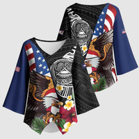 United States and American Samoa Kimono Sleeve Blouse USA Flag Eagle With Seal Tropical Flowers