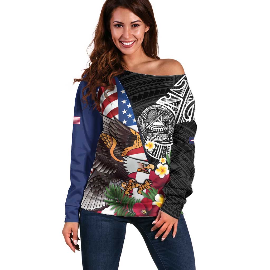 United States and American Samoa Off Shoulder Sweater USA Flag Eagle With Seal Tropical Flowers