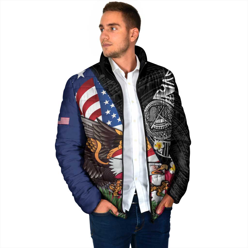 United States and American Samoa Padded Jacket USA Flag Eagle With Seal Tropical Flowers