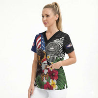 United States and American Samoa Scrub Top USA Flag Eagle With Seal Tropical Flowers