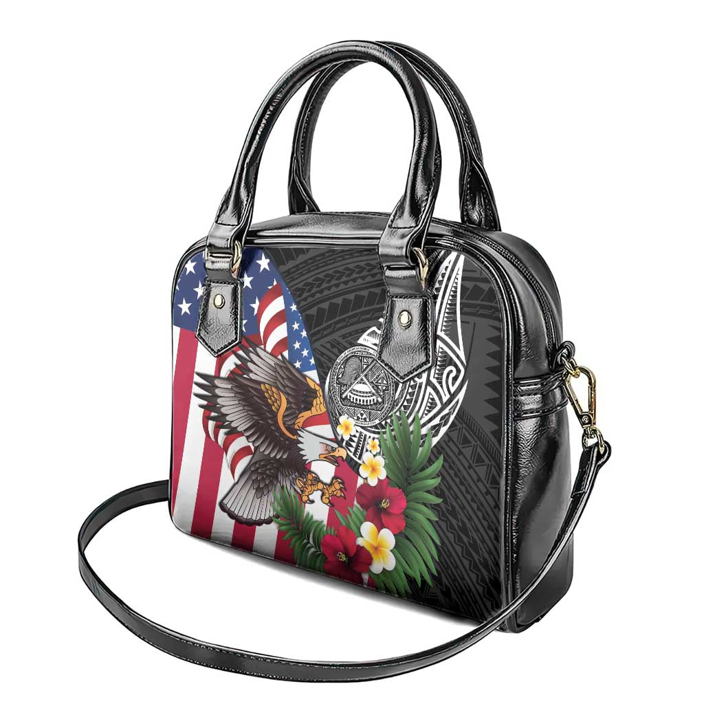 United States and American Samoa Shoulder Handbag USA Flag Eagle With Seal Tropical Flowers