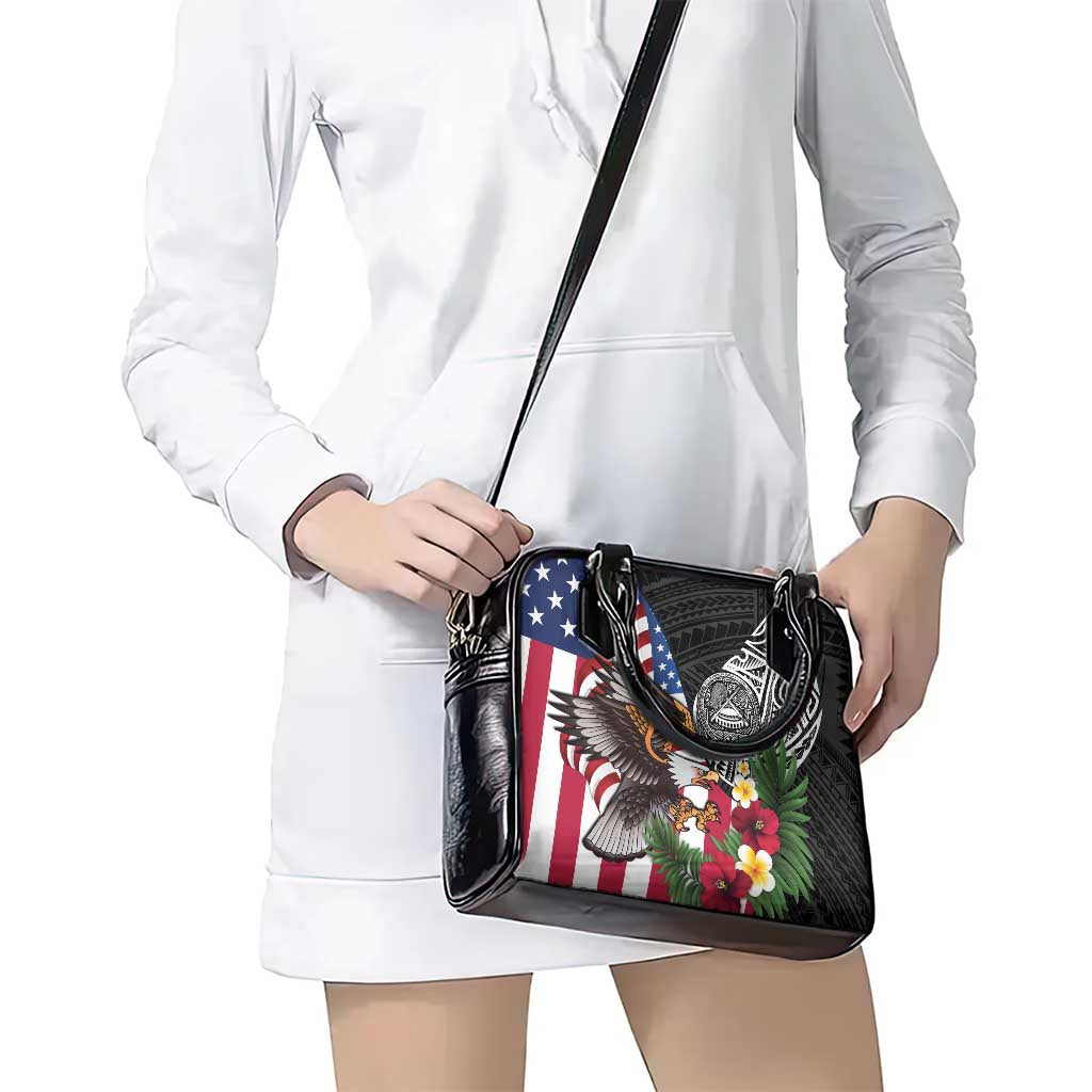 United States and American Samoa Shoulder Handbag USA Flag Eagle With Seal Tropical Flowers
