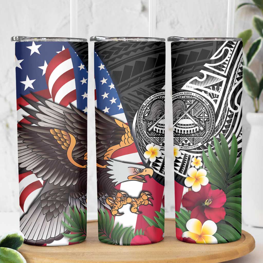United States and American Samoa Skinny Tumbler USA Flag Eagle With Seal Tropical Flowers