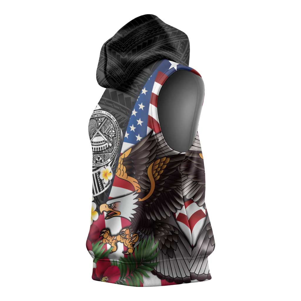 United States and American Samoa Sleeveless Hoodie USA Flag Eagle With Seal Tropical Flowers