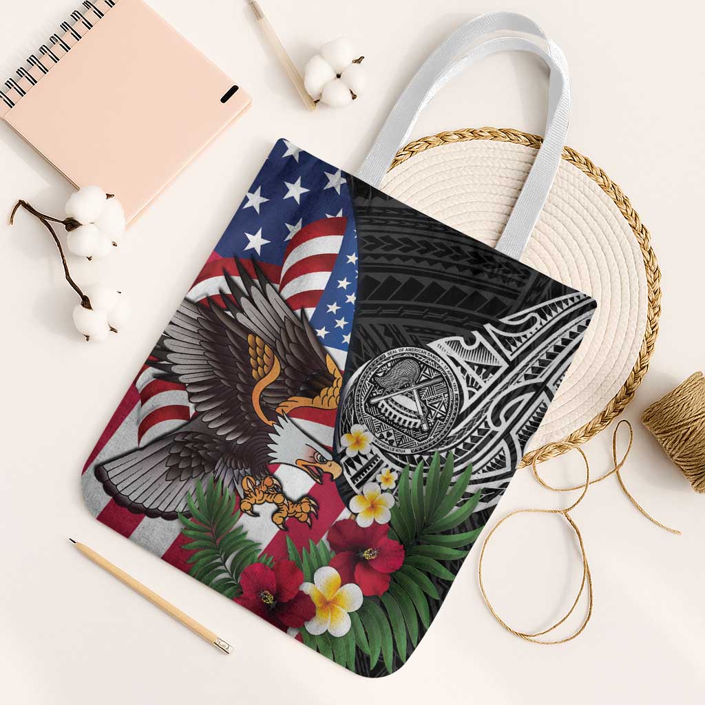 United States and American Samoa Tote Bag USA Flag Eagle With Seal Tropical Flowers