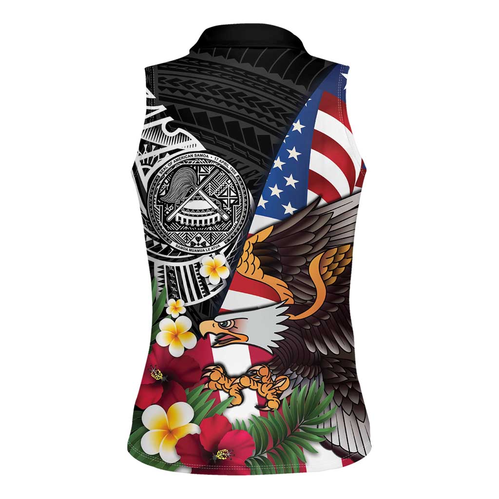 United States and American Samoa Women Sleeveless Polo Shirt USA Flag Eagle With Seal Tropical Flowers