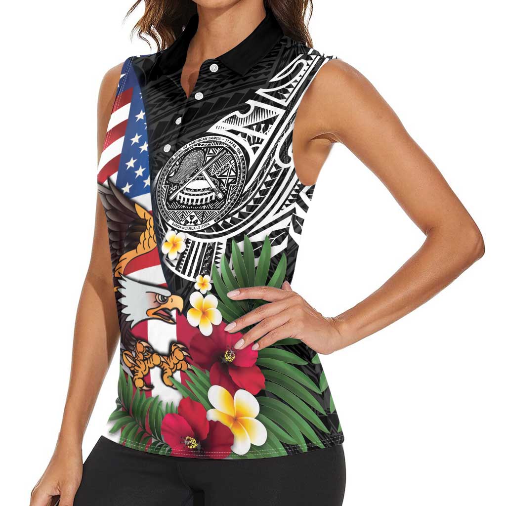 United States and American Samoa Women Sleeveless Polo Shirt USA Flag Eagle With Seal Tropical Flowers