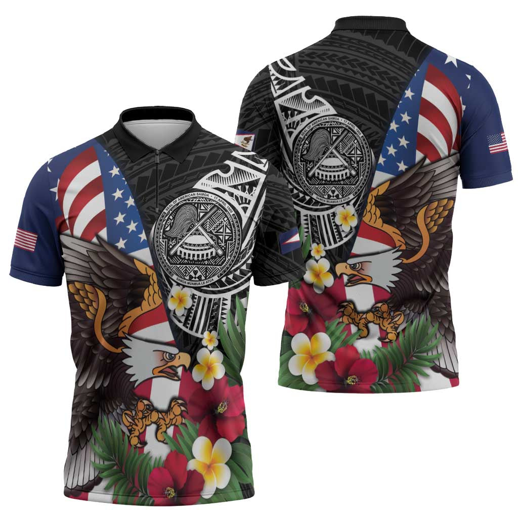 United States and American Samoa Zipper Polo Shirt USA Flag Eagle With Seal Tropical Flowers