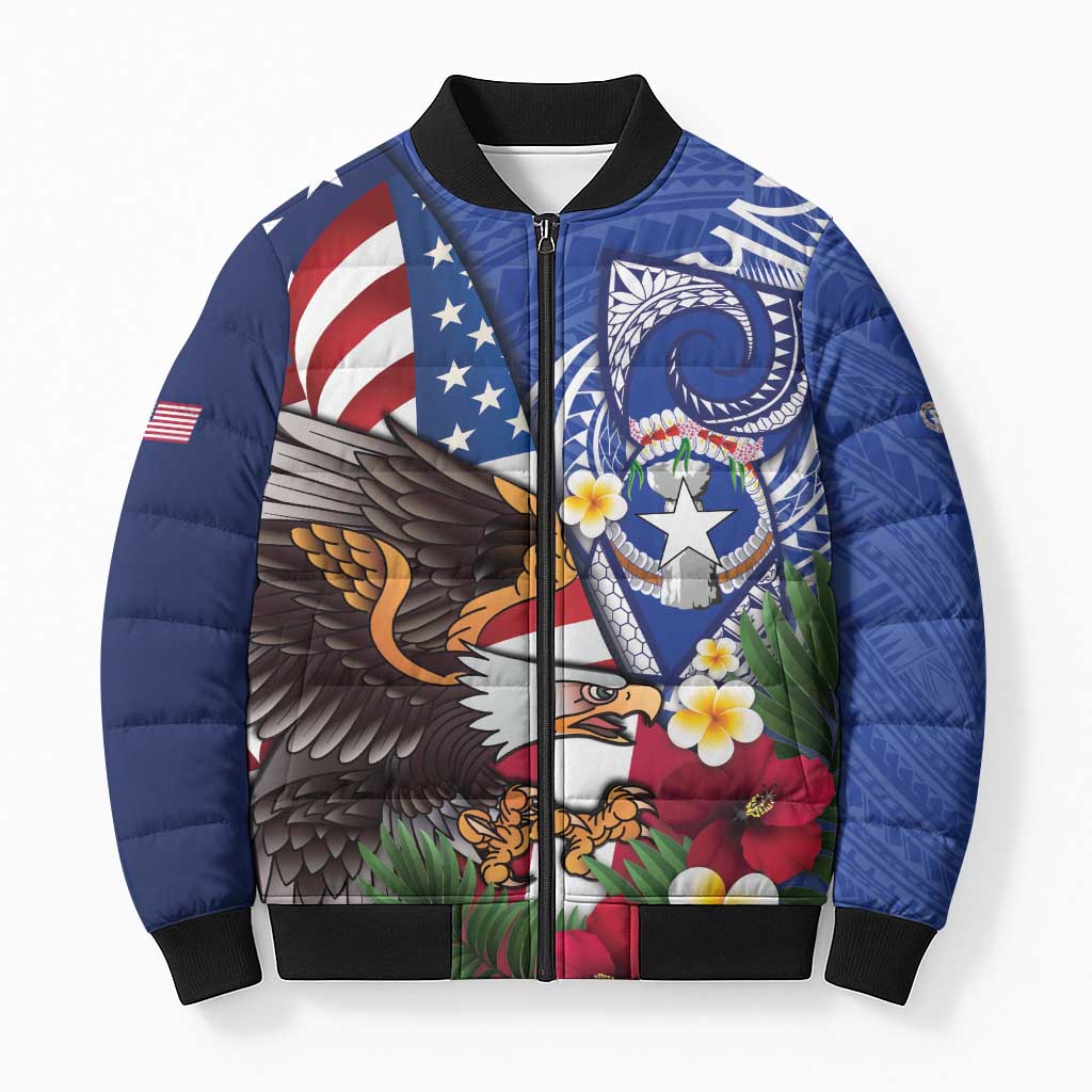 United States and Northern Mariana Islands Bomber Puffer Jacket USA Flag Eagle CNMI Latte Stone Tropical Flowers