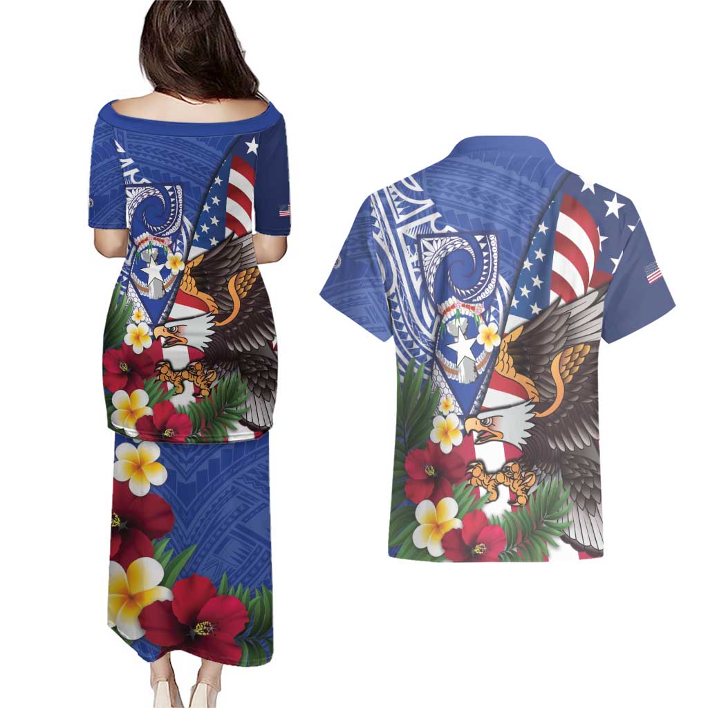 United States and Northern Mariana Islands Couples Matching Puletasi and Hawaiian Shirt USA Flag Eagle CNMI Latte Stone Tropical Flowers