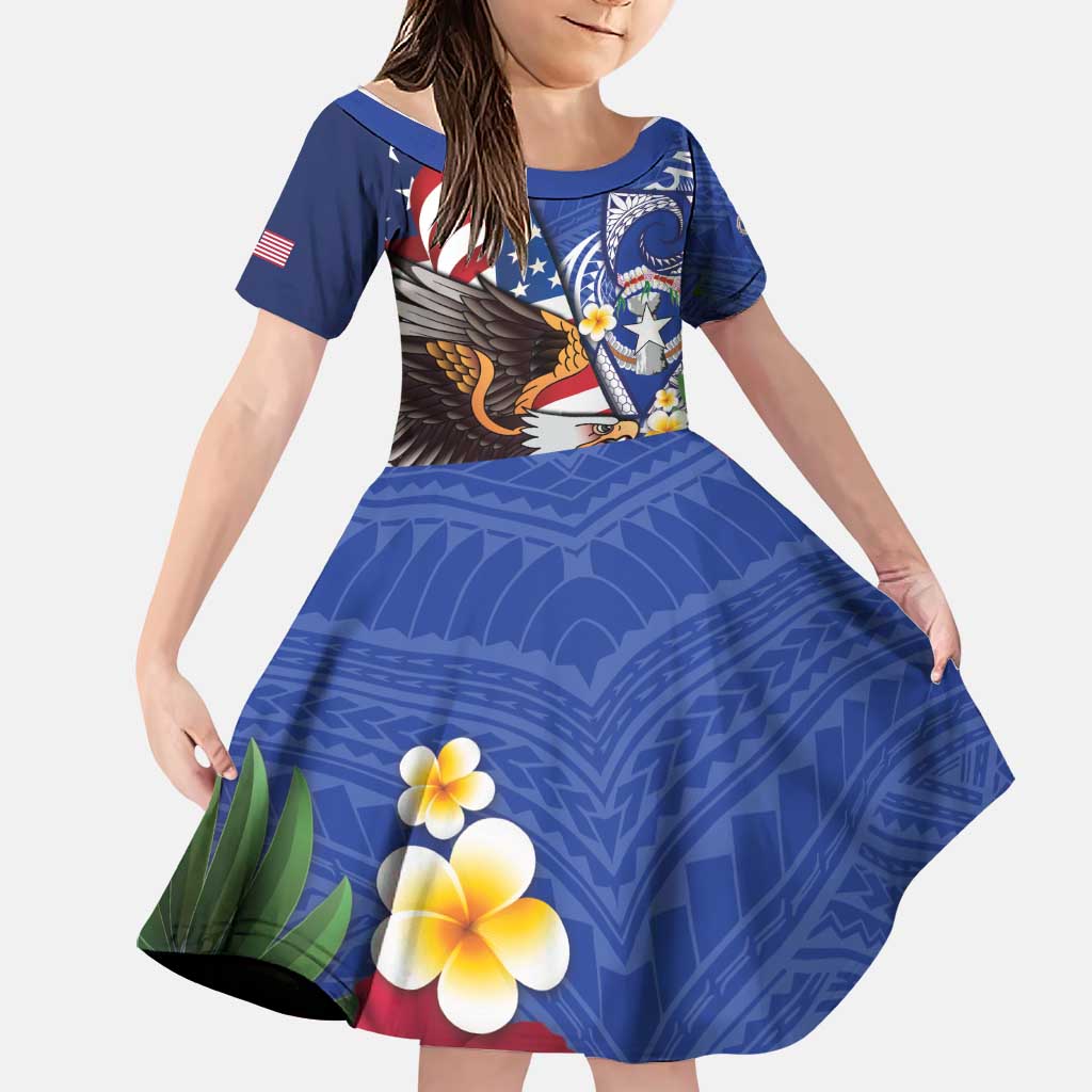 United States and Northern Mariana Islands Family Matching Off The Shoulder Long Sleeve Dress and Hawaiian Shirt USA Flag Eagle CNMI Latte Stone Tropical Flowers
