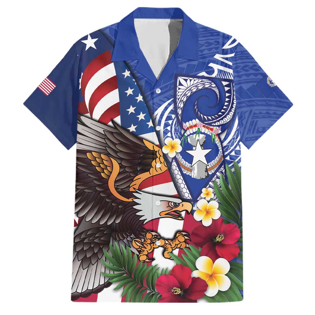 United States and Northern Mariana Islands Family Matching Off Shoulder Maxi Dress and Hawaiian Shirt USA Flag Eagle CNMI Latte Stone Tropical Flowers